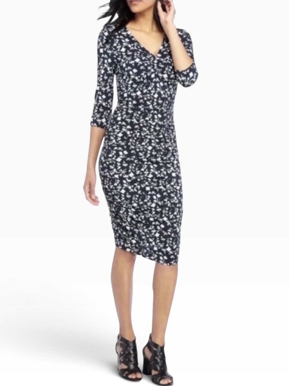 The Limited Navy Blue Floral Print V-Neck 3/4 Sleeve Midi Dress Size Small